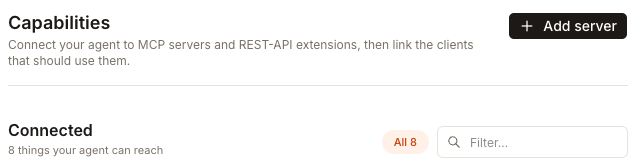 The Capabilities page header with the Add server button, and a Connected section reading 8 things your agent can reach