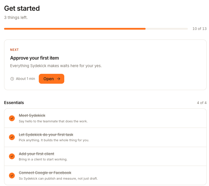 The Get started checklist showing 10 of 13 done, a Next card, and the four Essentials rows including Meet Sydekick