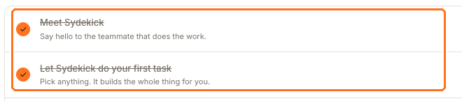 Two completed checklist rows: Meet Sydekick, and Let Sydekick do your first task