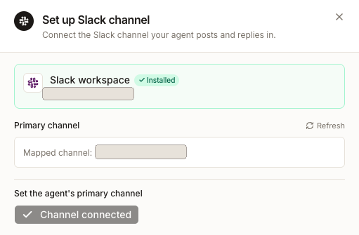 The Set up Slack channel panel showing the installed Slack workspace, the mapped primary channel and a Channel connected state