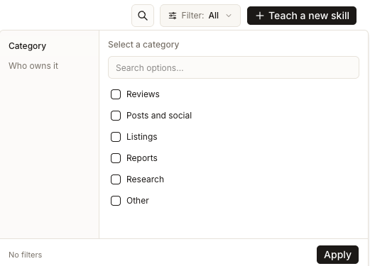 The Skills filter open on the Category tab, with a Who owns it tab beside it and six category checkboxes