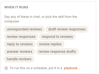 The When it runs panel listing nine trigger phrases and a note that a schedule needs a playbook