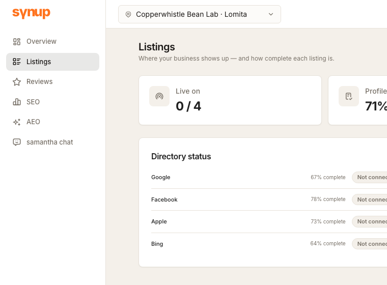 Client Portal with a selected location and the Overview, Listings, Reviews, SEO, AEO, and chat navigation