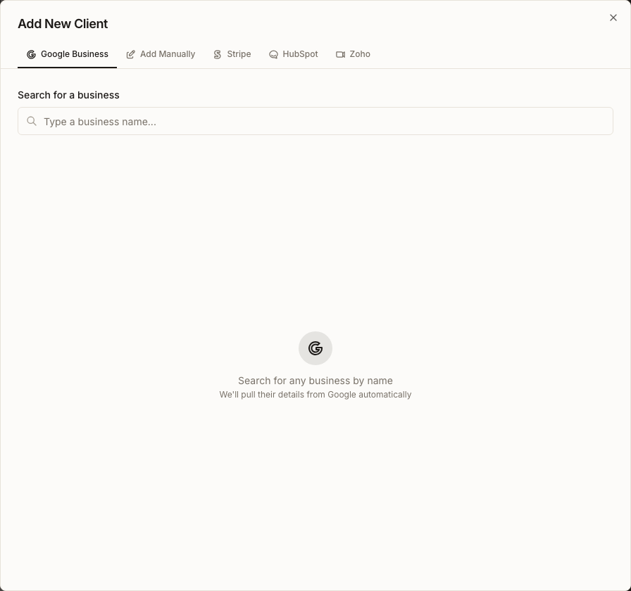 The native Add New Client dialog open on the Google Business tab, with a business search and a notice that the first location is added too