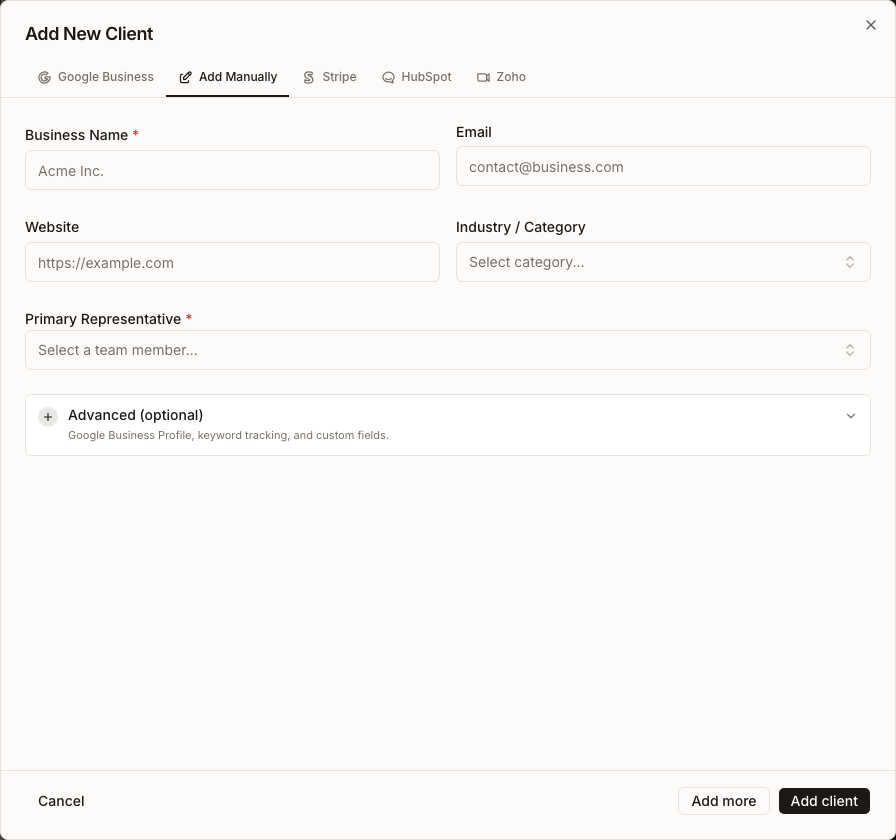 The native manual client form with Business Name, Email, Website, Industry, Primary Representative, Advanced options, and the Add client action