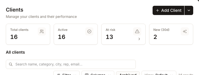 The native Clients workspace controls with portfolio totals, search, Filter, Columns, View, and the current result count