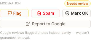 UGC-Moderation mit dem Status Needs review sowie Flag, Spam, Mark OK und Report to Google