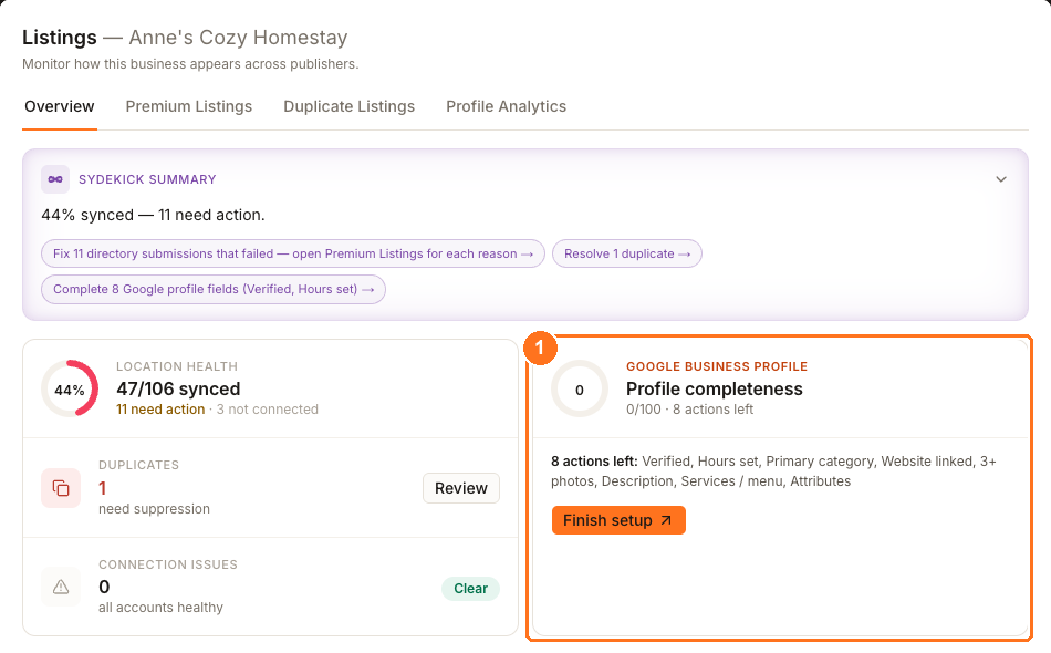 Listings Overview for one location with the Google Business Profile Optimizer card highlighted