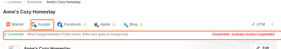 Location editor Google tab showing Google's Connected and Suspended status separately from the Optimizer score