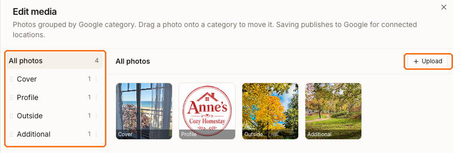 The Edit media drawer, with the Google photo categories and the Upload control boxed