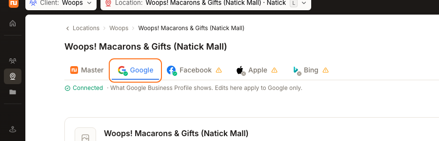 Google publisher tab on the location profile