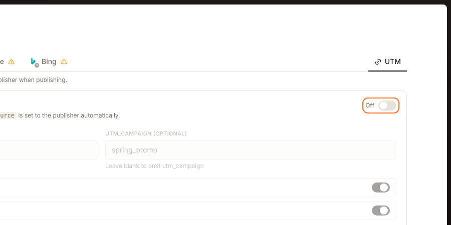 The UTM link tagging control in its Off state