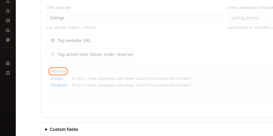The PREVIEW block showing tagged links for Google and Facebook