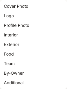 Filtro Category de la biblioteca Media que muestra Cover Photo, Logo, Profile Photo, Interior, Exterior, Food, Team, By-Owner y Additional