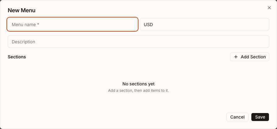 Editor „New Menu“, der den erforderlichen Menünamen, die Währung USD, die Beschreibung, den Bereich „Sections“ sowie die Schaltflächen „Add Section“ und „Save“ anzeigt