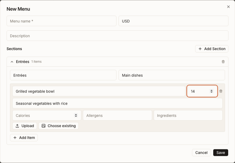 Nicht gespeicherter New Menu-Editor mit einem fiktiven Entrées-Abschnitt und einem Artikel sowie Steuerelementen für Preis, Nährwertangaben, Zutaten und Fotos