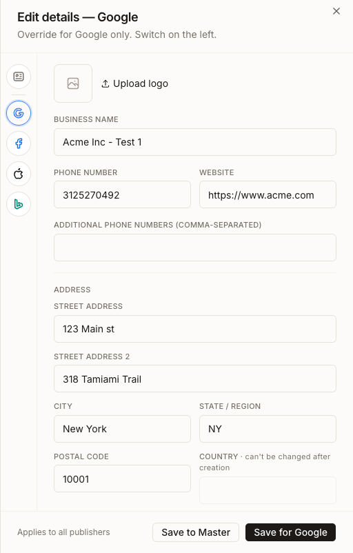 Edit details for Google drawer with the publisher switcher on the left and Save to Master and Save for Google buttons