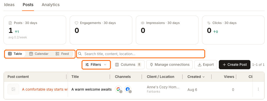 The Posts tab in Table view for one location, with the Table, Calendar and Feed view switcher, the search box and the Filters button called out above a single draft row