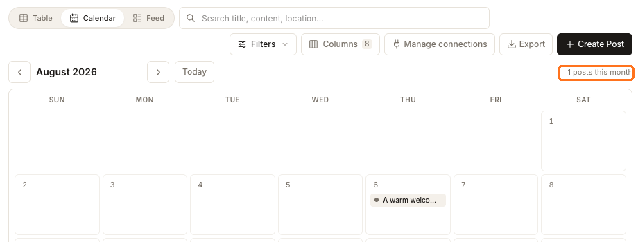 The same Posts tab switched to Calendar view, showing August 2026 as a month grid with one post sitting on the sixth and a count of one post this month