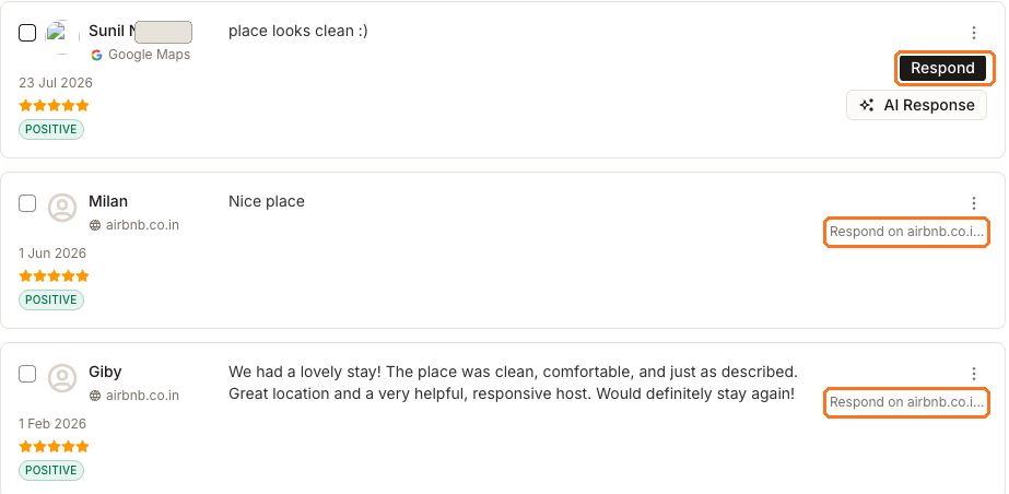 Three reviews on one US location: a Google Maps review offering Respond and AI Response, and two marketplace reviews offering Respond on airbnb.co.in instead