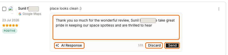 The reply composer open on a Google Maps review with an AI-generated draft in the text area, and orange boxes around the draft field, AI Response, Discard and Send