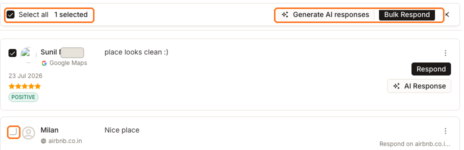 The review list with one review selected: Select all is ticked and the bar reads 1 selected, with Generate AI responses and Bulk Respond beside it, while the Airbnb review below has an empty, unselectable checkbox