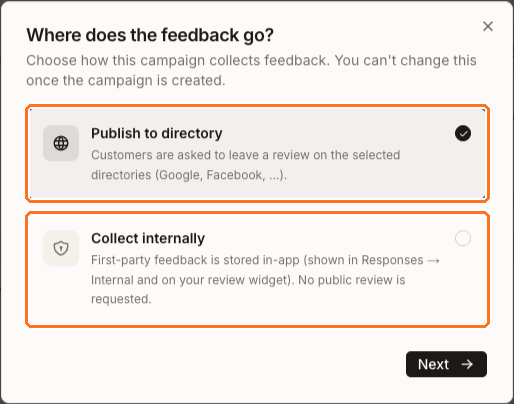 The Where does the feedback go? dialog, with Publish to directory boxed as 1 and Collect internally boxed as 2