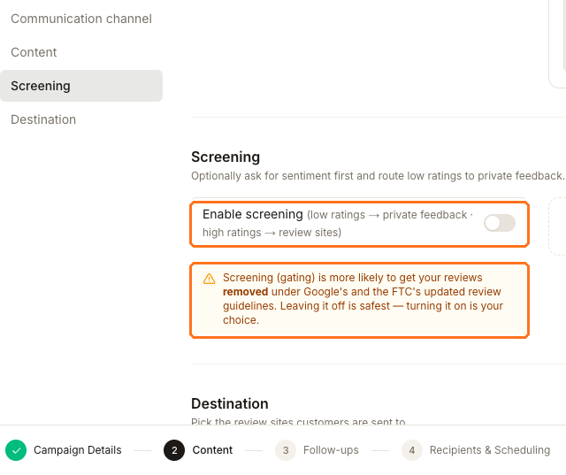 The Screening section of step 2 of the campaign builder, with the Enable screening switch boxed as 1 in its off position and Synup's review-removal warning boxed as 2