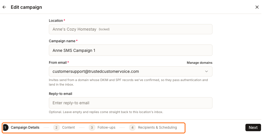 The campaign builder open on Campaign Details, with the four-step rail beneath it reading Campaign Details, Content, Follow-ups and Recipients and Scheduling, and a Next button