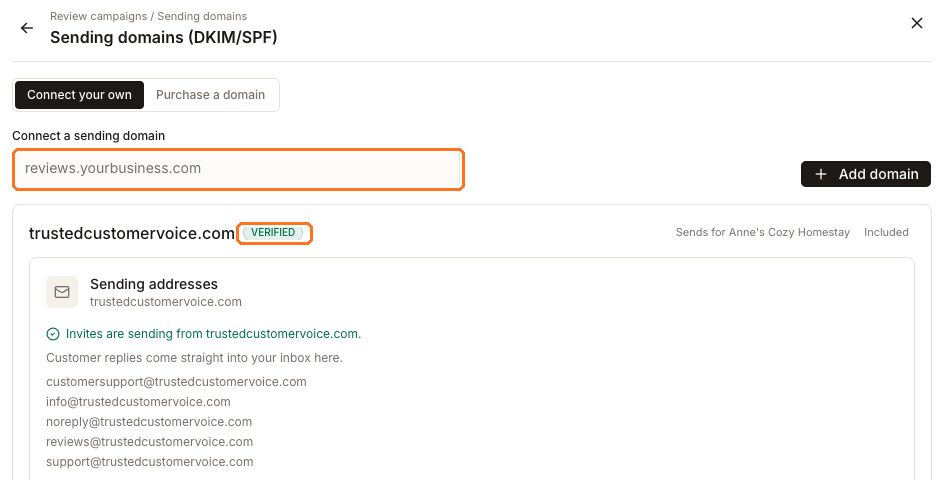The Sending domains panel showing a verified included domain, its sending addresses, and the field for connecting your own domain