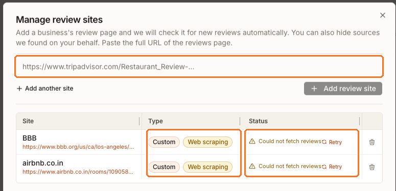 The Manage review sites panel with the add-a-source URL field boxed at the top, and the Type and Status columns boxed in the table of two custom web-scraping sources reporting Could not fetch reviews