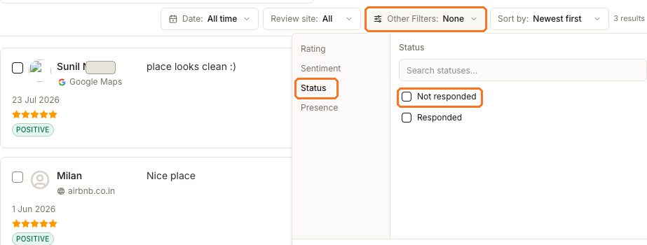 The review queue filter bar with Other Filters open, showing the Rating, Sentiment, Status and Presence categories and the Not responded and Responded checkboxes under Status