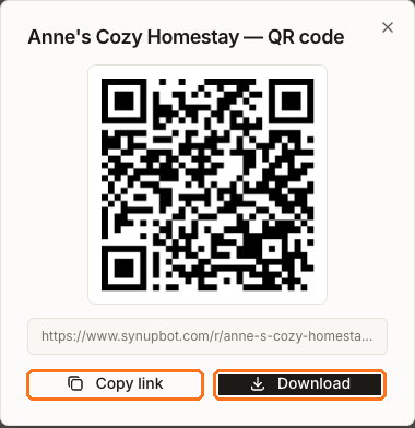 The QR code dialog for a location, showing the code, the review link beneath it, and Copy link and Download buttons