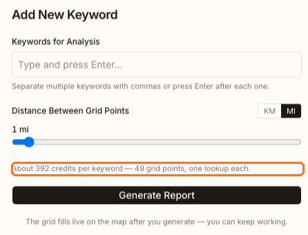 The Add New Keyword panel with the keyword box, the Distance Between Grid Points slider set to 1 mi, the credit estimate reading About 392 credits per keyword for 49 grid points, and the Generate Report button
