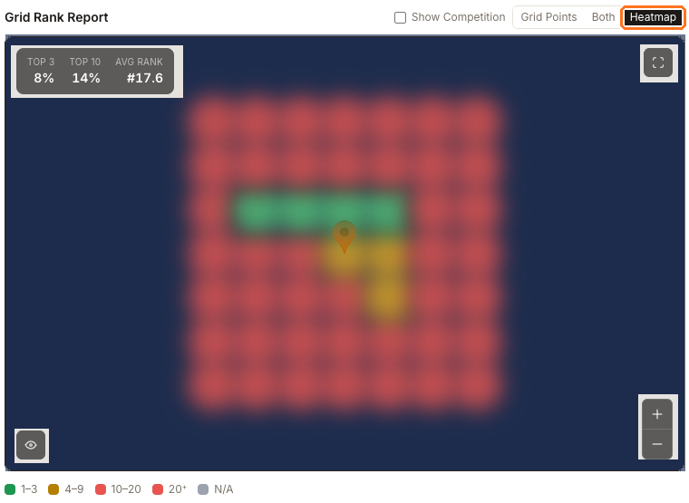 The same Hotel ICON rank grid in Heatmap view, showing a green band where the business ranks first, gold immediately below it, and red across the rest of the grid, with the location marker at the centre and the Heatmap button boxed above the map