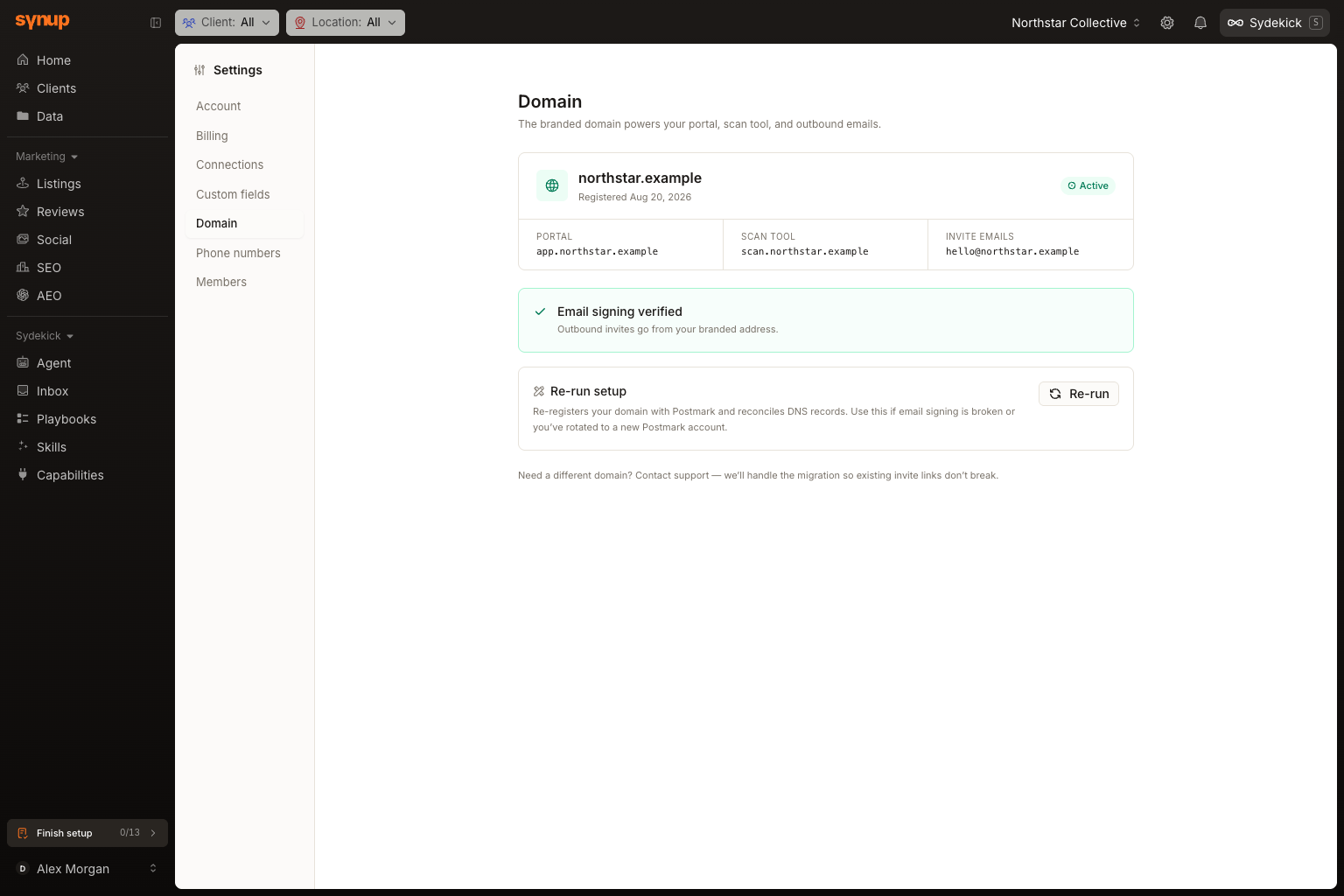 Settings Domain showing an active branded domain, its portal, scan-tool, and invite-email addresses, verified email signing, and the Re-run setup control