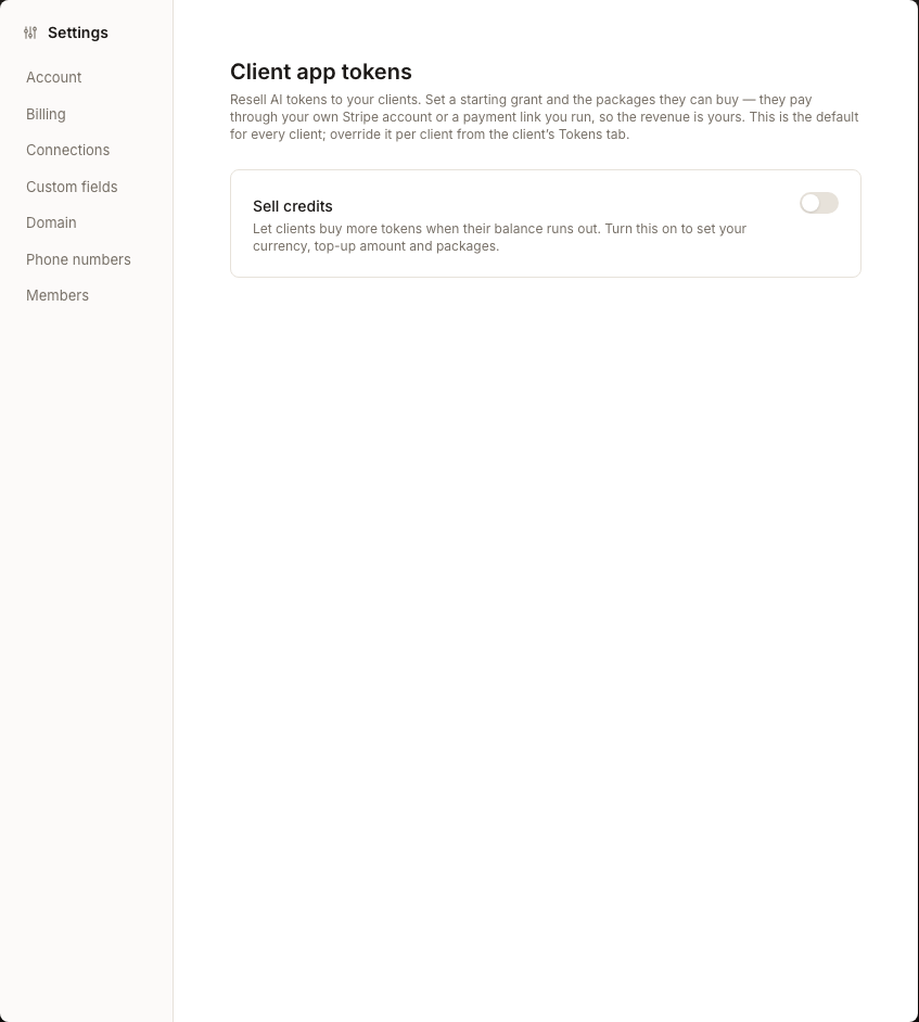 The Client app tokens page showing the Sell credits control in its current off state