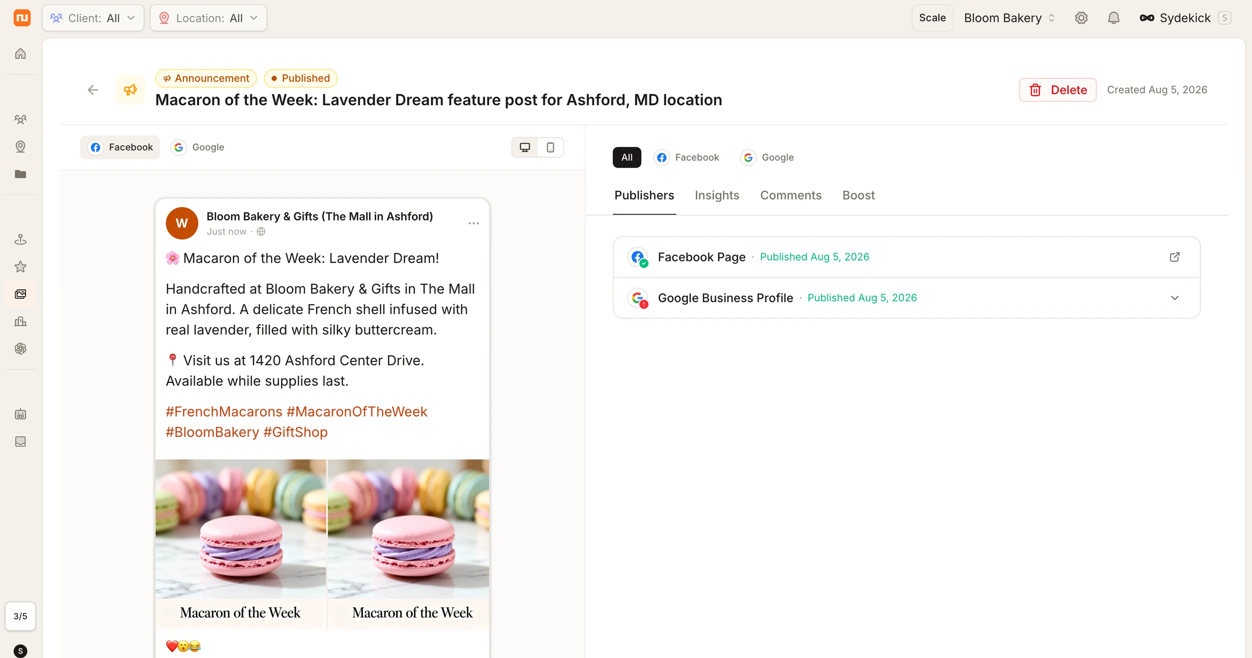 The Synup post composer showing a published Mother's Day announcement for Woops! Bakeshop, with the Facebook preview on the left and per-publisher status for Google Business Profile and the Facebook Page on the right.
